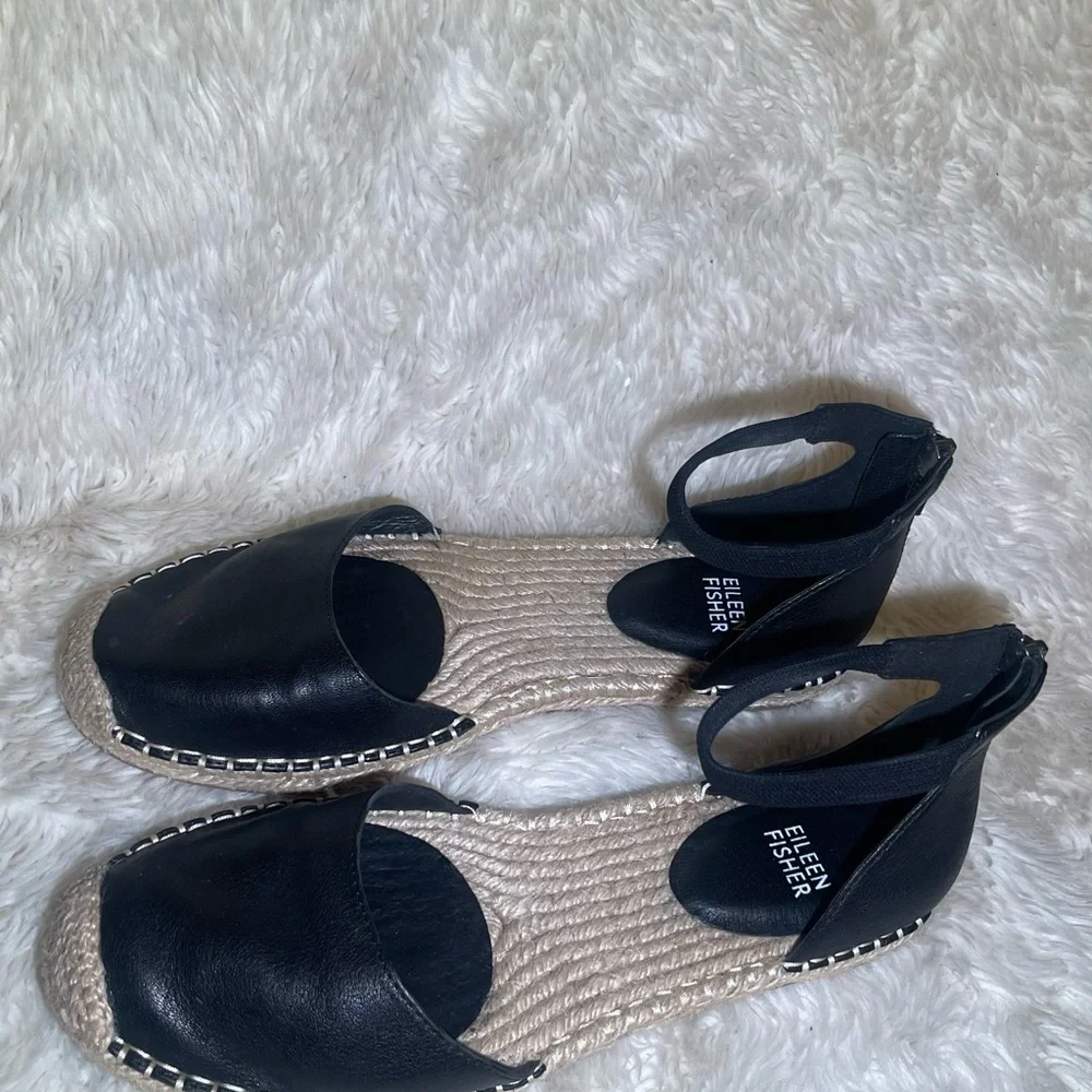 Eileen Fisher Black women’s Leather Espadrilles flat sandals size 8